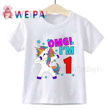 Camiseta con número de cumpleaños de unicornio para niños, ropa para niños, OMG, I'm 1, 2, 3, 4, 5, regalo para niña, atuendo familiar 2024 - compra barato