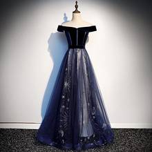 Navy Blue Velvet Evening Dresses Boat Neck Strapless Shining Tulle Elegant Off Shoulder A-Line Celebrity Prom Gowns For Wedding 2024 - buy cheap