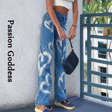 Женские прямые джинсы Love Heart с принтом граффити, милые свободные джинсовые брюки с высокой талией, повседневные женские брюки в стиле Харадзюку 2024 - купить недорого