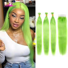 Зелёные бразильские прямые волосы Ali Coco, 3 пряди с кружевной застежкой 4X4, 100% человеческие волосы, пучки с застежкой, наращивание волос Remy 2024 - купить недорого