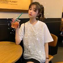 T-shirt Women Short Sleeve Summer Sequined Party Fashion Leisure Korean Style Fake Two Piece Ladies Comfortable All-match Loose 2024 - buy cheap