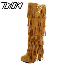 Tuyoki Women High Heels boots Winter Fashion Woman Shoes Warm Knee botas Tassels Fashion Punk Woman Footwear size 32-43 2024 - buy cheap