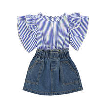 Kids Baby Girls Fashion 2-piece Outfit Set Fly Sleeve Striped Tops+Denim Skirt Set 2-7T 2024 - buy cheap