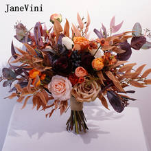 Janevini vintage outono café bouquet de casamento flores artesanal eucalipto rosas de seda real toque falso bouquet acessórios de noiva 2024 - compre barato