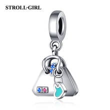 Fine New 925 Sterling Silver Blue Enamel Handbag Charms Pave Blue Cz Beads Fit European Bracelet for Women Diy Jewelry 2024 - buy cheap