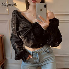 Blusa de verão preta com renda transparente, camisa elegante com gola v, blusa bordada sexy, blusa feminina de manga longa com lanterna, 13213 2024 - compre barato
