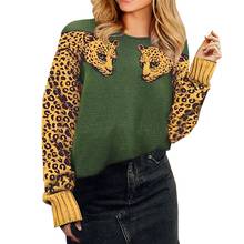 Suéter de punto de manga larga para mujer, suéter informal suelto con cuello redondo, camisa de manga larga con patrón de leopardo y mosaico de colores contrastantes para otoño, novedad 2024 - compra barato