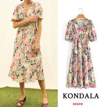 KONDALA-vestido Vintage de verano para Mujer, ropa con estampado de flores, cuello de pico, manga abombada 2024 - compra barato