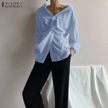 Zanzea blusa irregular de verão, blusa feminina elegante, camisas casuais de manga comprida, blusas com lapela feminina, tops de túnica de tamanho grande, 2021 2024 - compre barato