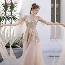 Luxury O-Neck Evening Dress 2021 A-Line Sequins Crystal Tulle Beaded With Cap Long Sleeves Prom Formal Gowns 2024 - buy cheap