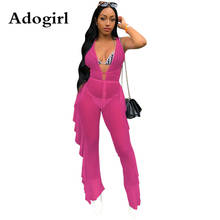 Adogirl Mesh See Though Lace Up  Ruffles Splicing Empire Waist Jumpsuits Sexy Clubwear Woman Deep V Neck  Rompers Overalls 2024 - buy cheap