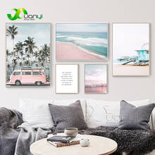 Nordic Style Landscape Oil Painting Seascape Canvas Poster Ocean Beach Pink Bus Wall Art Picture Print Painting Home Decor 2024 - buy cheap