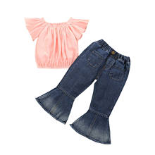 1-5Y Fashion Baby Girls Summer Clothes Short Off-the-Shoulder Boat Neck T-shirt and Denim Flare Long Pants 2024 - buy cheap