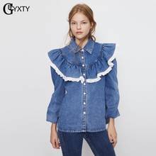 GBYXTY French Ruffles White Lace Patchwork Denim Shirts 2021 Spring Women Long Sleeve Turn Down Collar Button Jeans Shirt ZA2329 2024 - buy cheap