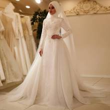 MYYBLE-Vestido De novia musulmán De manga larga con cuello redondo, elegante, De tul, con cremallera y encaje trasero, para boda islámica, 2021 2024 - compra barato