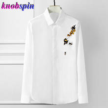 Little bee Flower Embroidery long-sleeve men shirt Brand Slim Business male dress shirts Luxury men's Chemise Plus size Camisas 2024 - buy cheap