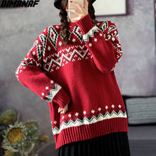 DIMANAF Oversize Women Knitting Sweaters Christmas Style Print Warm Red Fashion Casual Vintage Autumn Loose New Year Sweater 2024 - buy cheap