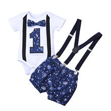 Focusnm bebê recém-nascido meninos conjuntos de roupas 1st aniversário manga curta macacão topos impressão cinta macacão shorts 2024 - compre barato