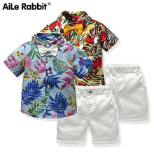 Conjunto de roupas masculinas de manga curta, calças e camisetas, 2 peças, floral, com laço, bonito, bebê menino, 2019 2024 - compre barato