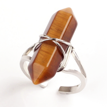 Trendy-beads Silver Plated Wire Wrap Hexagon Column Natural Tiger Eye Stone Ring Ethnic Jewelry 2024 - buy cheap