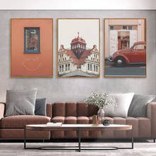 Pintura tela de paisagem europeia vintage, carro vermelho, arquitetura marrocos, arte de parede, pôster, decoração de casa escandinavo nórdico 2024 - compre barato