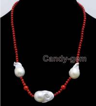 Fashion jewelry Free Shipping  14*25mm White Baroque Nuclear pearl & 3-4mm Red Coral 18'' Necklace 2024 - buy cheap