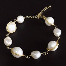 Free shipping nice quality 7.5 inch women gold filled real freshwater baroque natural white pearl bracelet bangle jewelry 2024 - buy cheap