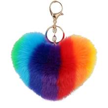 Rainbow Love Heart Fluffy Ball Keychain Car Key Ring Holder Bag Charm Ornament 2024 - buy cheap
