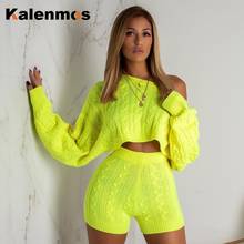 Two Piece Set Sweater Top Shorts Women Spring Fall Tracksuit Knit Solid Suit O-Neck Pullover Outwear Long Shorts Casual Outfits 2024 - buy cheap