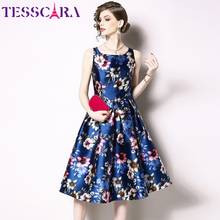 TESSCARA Women Elegant Floral Print Dress Female Wedding Cocktail Party Robe High Quality Vintage Designer Blue Tank Vestidos 2024 - buy cheap