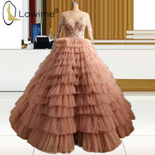 Blush Pink Tiered Evening Dresses 2021 A Line Puffy Long Sleeve Prom Gowns Robes Longue Dresses for Women Party 2024 - buy cheap