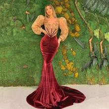 Velour Arabic Burgundy Prom Dresses Mermaid Beaded Crystals Evening Dress  Sheer Neckline Pleats  Formal Party Gown Vestidos 2024 - buy cheap