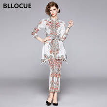 BLLOCUE 2019 Fashion Flower Printed Runway 2 Piece Sets Women Turn-down Collar Lace-up Irregular Shirt Top + Pencil Pants Sets 2024 - buy cheap