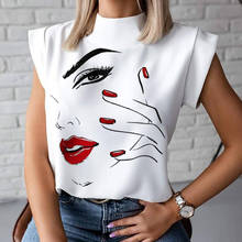 Women Elegant Lips Print blouse shirts 2020 Summer Casual Stand Neck Pullovers tops Ladies Fashion cute Eye Short Sleeve Blusa 2024 - buy cheap