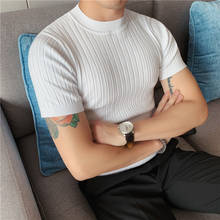 Summer Knitted T Shirt Men Thin Solid Color Half High Neck Striped Short-sleeved Slim T-shirt Streetwear Tops Tees White Black 2024 - buy cheap