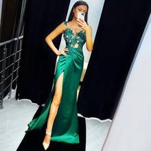 Vestido de noite, cetim, verde, rendas, apliques, comprimento do chão, cauda, 2020, mulheres, vestidos formais, lindo, sem mangas, elegante 2024 - compre barato