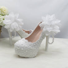 BaoYaFang 2021 New Arrival White Flower women Bridal wedding shoes High heels Round Toe party dress shoe Woman High Pumps 2024 - buy cheap