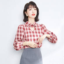 2021 New Summer Women shirt Sweet Loose Red plaid Korean fashion style Heart hole Long sleeve shirts female tops plaid shirts 2024 - buy cheap