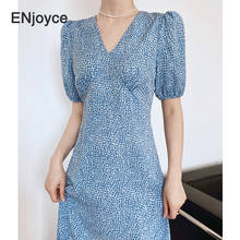 Women Vintage Printed V-neck Blue Puff Short Sleeve Maxi Dress Korean Style Elegant Ladies A-line Party Long Dresses Summer 2021 2024 - buy cheap