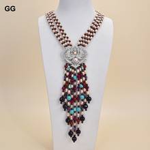 GuaiGuai Jewelry Natural Pearl Natural Stone 18" 4 Rows Rice Pearl Garnet Agates Necklace CZ Pendant 2024 - buy cheap