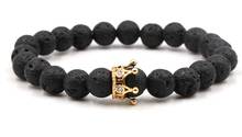 8mm  xg35r elastic adjusted nature black stone volcanic lava micro pave cz zircon cubic zirconia Crown Charm Bracelet 2024 - buy cheap