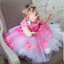 Vestido infantil de tule branco, rosa, apliques, vestido de aniversário, batismo, roupa de festa para crianças 2024 - compre barato
