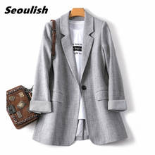 Seoulish novo 2021 primavera outono do vintage único botão blazers feminino bolsos formais jaquetas soltas outerwear topos senhoras 2024 - compre barato