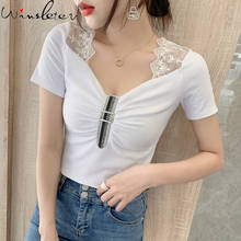 Summer European Style Cotton T-Shirt Fashion Sexy V-Neck Drape Patchwork Lace Shiny Diamond Women Tops Casual Tees 2021 T13903A 2024 - buy cheap