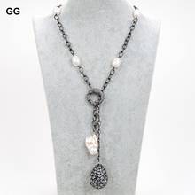 GuaiGuai Jewelry 22'' Natural Cultured White Rice Pearl CZ Gunmetal Chain Necklace Keshi Pearl Cz Teardrop Pendant For Women 2024 - buy cheap
