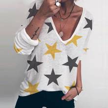 Camiseta holgada de manga larga con cuello en V para mujer, jersey de Color liso con estampado de estrellas, Tops 2024 - compra barato