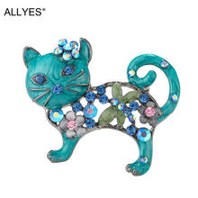 ALLYES Blue Crystal Flower Cat Brooches For Women Fashion Metal Enamel Pin Cute Animal Brooch Jewelry 2024 - buy cheap