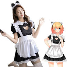 Lovely Black Cafe Maid Cosplay Costume Lolita Cute Dress with Apron Restaurant Waiter Uniform for Women Bow Headdress 2024 - buy cheap