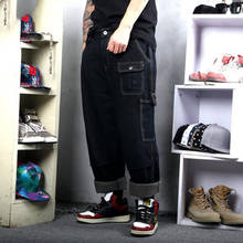 Calça jeans masculina solta hiphop, calça cargo reta patchwork estilosa plus size calças de vaqueiro streetwear 2024 - compre barato