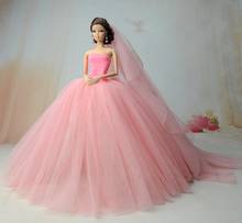 Розовое вечернее платье высокого качества с длинным хвостом, вечернее платье, одежда для Барби, Кукольное свадебное платье + вуаль 1:6, аксессуары для куклы, детская игрушка 2024 - купить недорого